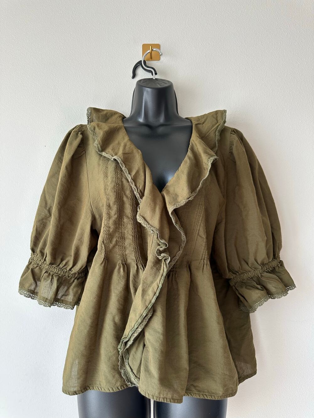 Madewell Olive Ruffle Blouse Romantic Prairie Boho Cottagecore Puff Sleeve XL